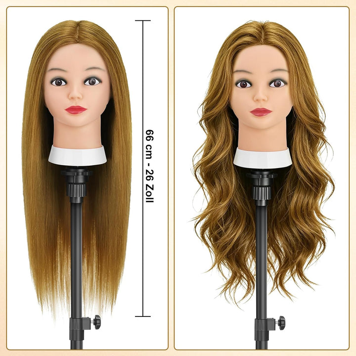 TwoWin Friseurkopf mit Haaren, 26 Zoll (66 cm) 80% Echthaar Mannequin Kopf, Trainingskopf für Stylin