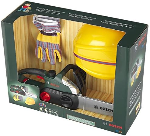 Theo Klein 8456 Bosch Werker-Set I Robuste Kettensäge mit Licht und Sound I Hochwertiger Helm und Ar