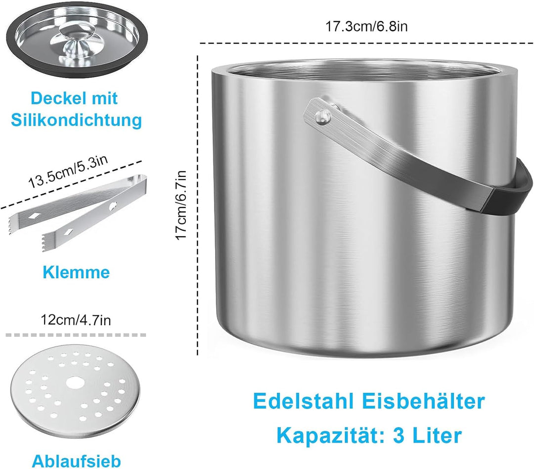 Edelstahl Eisbehälter 3L mit luftdichtem Deckel，Sieb und Eiszange，Eiswürfelbehälter doppelwandiger,