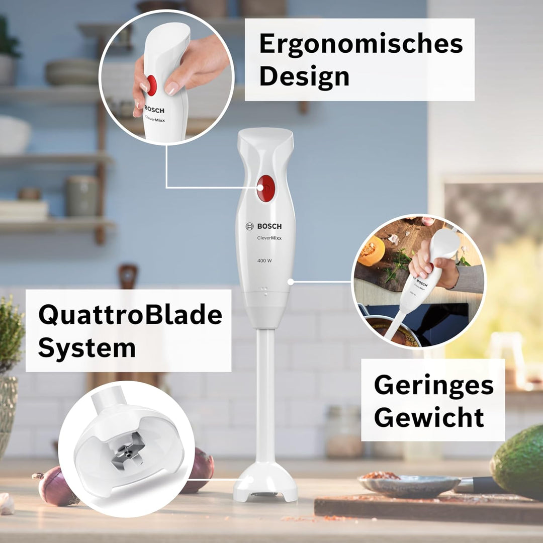 Bosch Stabmixer CleverMixx MSM14000, Abnehmbarer Mixfuss, Ergonomischer Griff, leichtes Gehäuse, 4-K