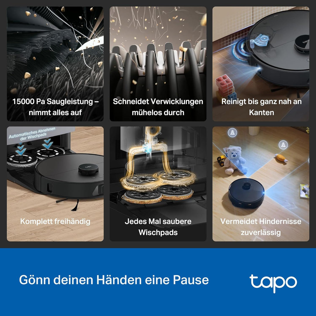 Tapo RV50 Pro Omni Saugroboter mit Wischfunktion, 15.000 Pa, Heisswasserwäsche bei 60 °C & Selbsttro
