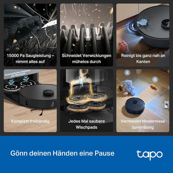 Tapo RV50 Pro Omni Saugroboter mit Wischfunktion, 15.000 Pa, Heisswasserwäsche bei 60 °C & Selbsttro