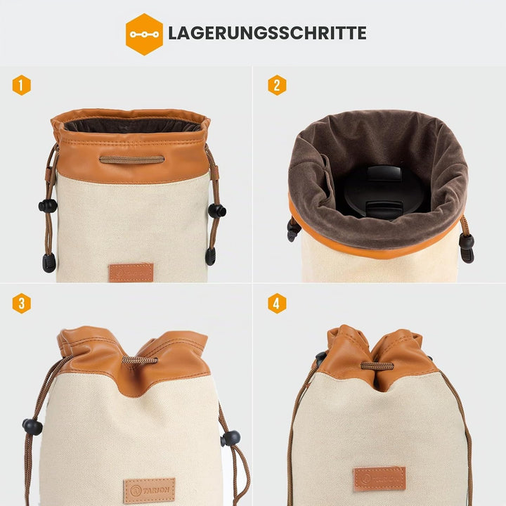 TARION Objektivbeutel mit Tragegurt, Objektivtasche aus Canvas PU Leder, Gepolstert Schutzbeutel Kam