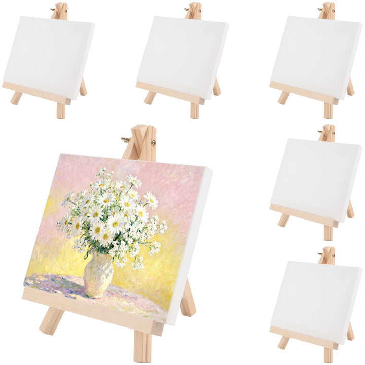 6 Stück klein Leinwand mit Staffelei Set, 18x24cm kleine Staffelei Holz mit 15x20cm Mini Leinwand, T
