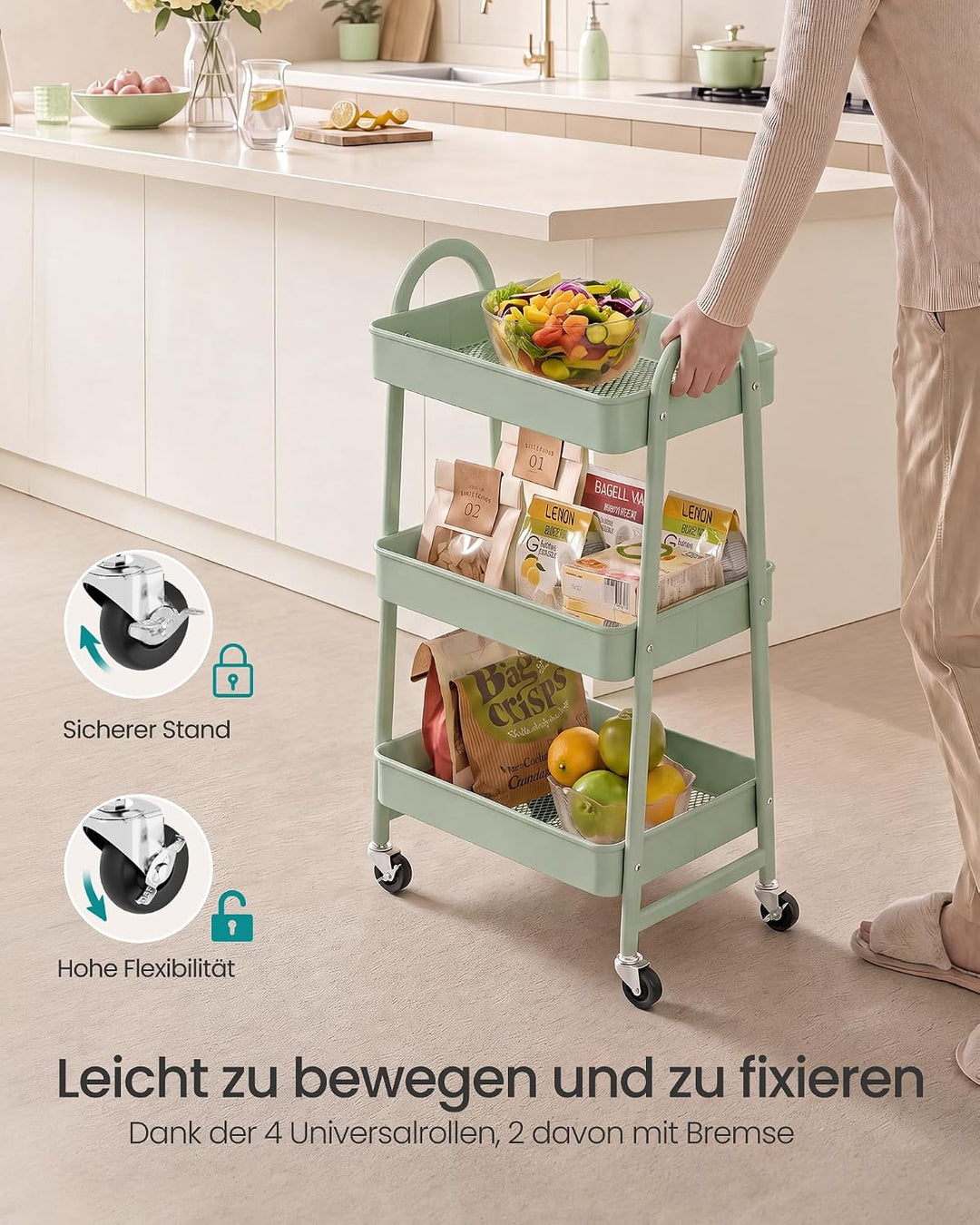 SONGMICS Rollwagen mit 3 Ebenen, Servierwagen aus Stahl, Küchenwagen, Küchenregal mit Griffen, 2 Bre