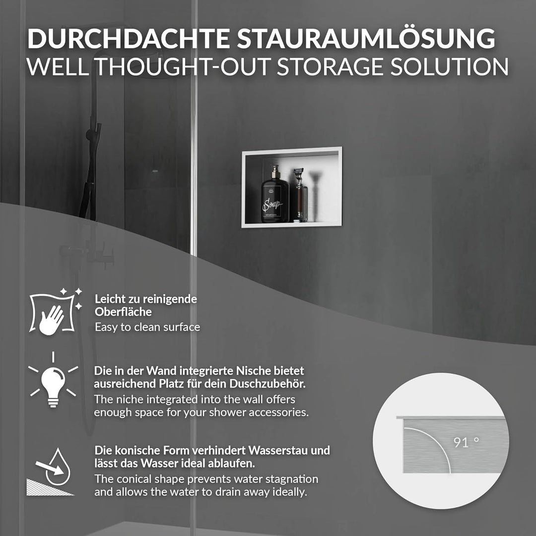LuxeBath Wandnische aus Edelstahl, 20x30x10 cm, Silber, Duschnische mit Rahmen, Einbauregal, Flexibl