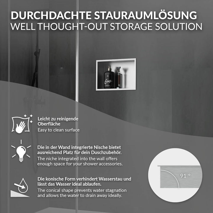 LuxeBath Wandnische aus Edelstahl, 20x30x10 cm, Silber, Duschnische mit Rahmen, Einbauregal, Flexibl