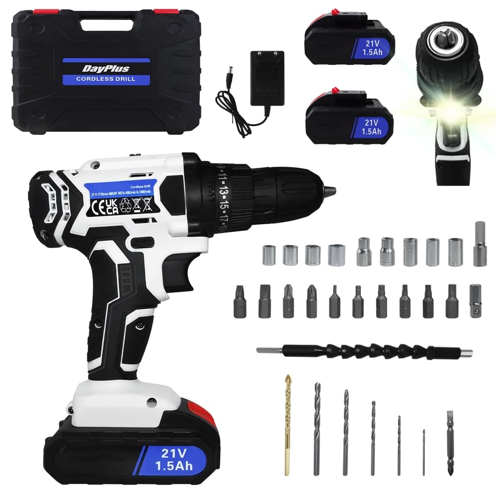 Akku-Bohrschrauber Akkubohrer 21V Akkuschrauber Set mit 2×1,5Ah Akkus, LED Arbeitslicht, 2-Gang, 45N