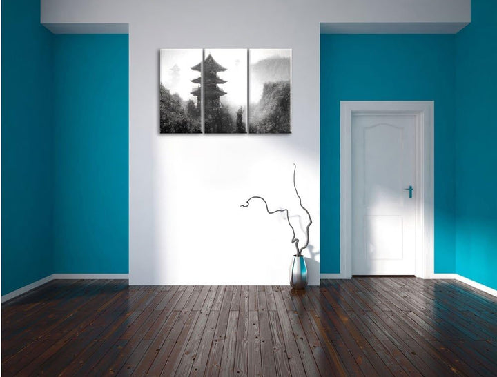 Pixxprint chinesische Häuser Kunst / 3-Teilig/Gesamtmass 120cm Leinwandbild bespannt auf Holzrahmen/