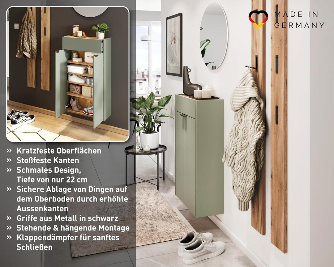 Germania Hängender Schuhschrank 1397-629 GW-Ameca, in Taupegrün/Eiche, geringe Tiefe, optimal für sc