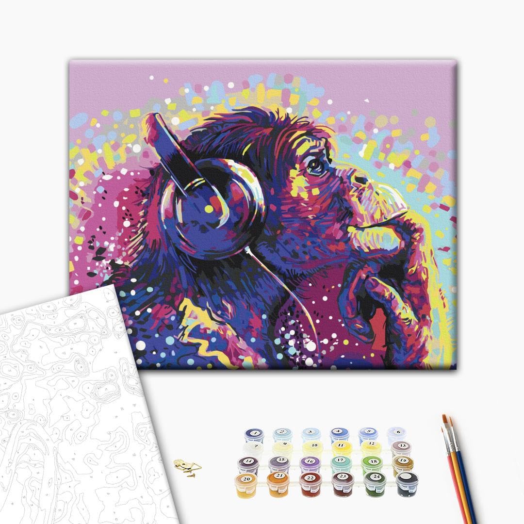 murando - Malen nach Zahlen DJ Schimpanse Tier Musik Music bunt 50x40 cm Malset mit Holzrahmen auf L