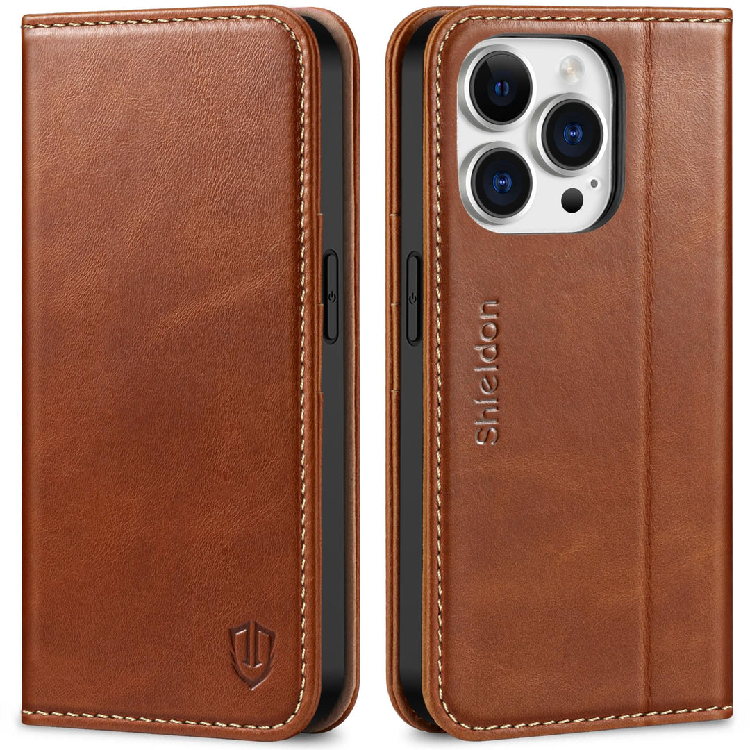 SHIELDON Hülle für iPhone 14 Pro Handyhülle TPU [Echtleder] [Kartenfach] [Magnet] [Standfunktion] [R