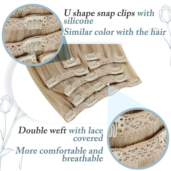 RUNATURE Clip in Extensions Echthaar Aschblond mit Goldblond 45cm 120g Echthaar Clip Extensions Remy