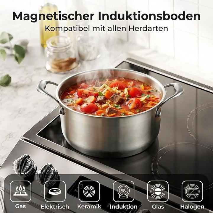 Edelstahl Suppentopf 26 cm - 4.5 Liter - Mit Glasdeckel - Induktionsgeeignet - PFAS-frei - Spülmasch