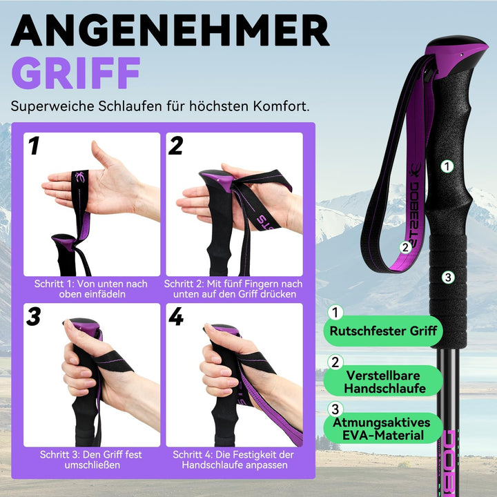 DOBESTS Teleskop-Wanderstöcke 2 Stück, Nordic-Walking-Stöcke 65-135 cm Violett, Violett