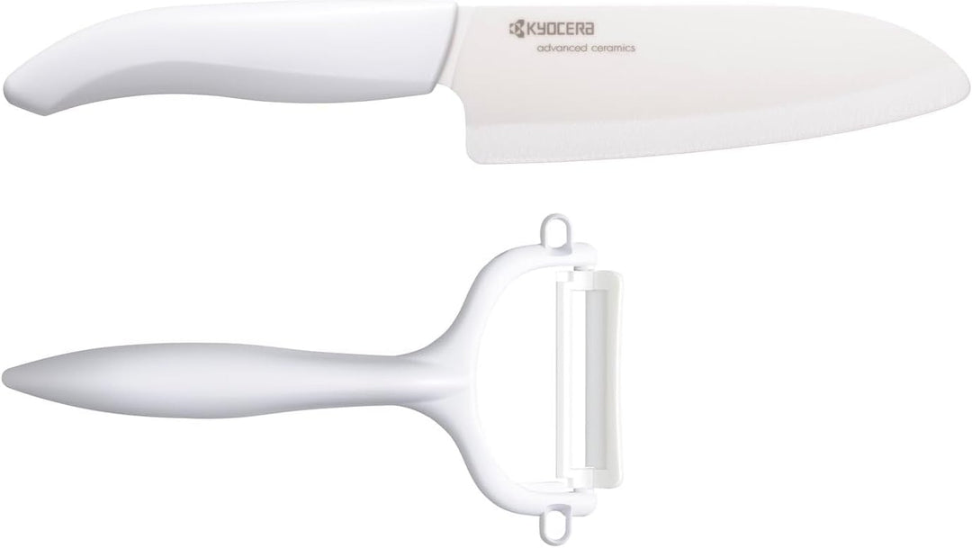 Kyocera Cut&Peel Set, Santokumesser (Klinge: 14 cm) mit Sparschäler, weisser Griff Weiss Cut & Peel