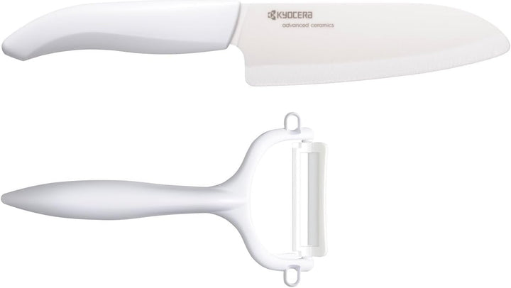 Kyocera Cut&Peel Set, Santokumesser (Klinge: 14 cm) mit Sparschäler, weisser Griff Weiss Cut & Peel