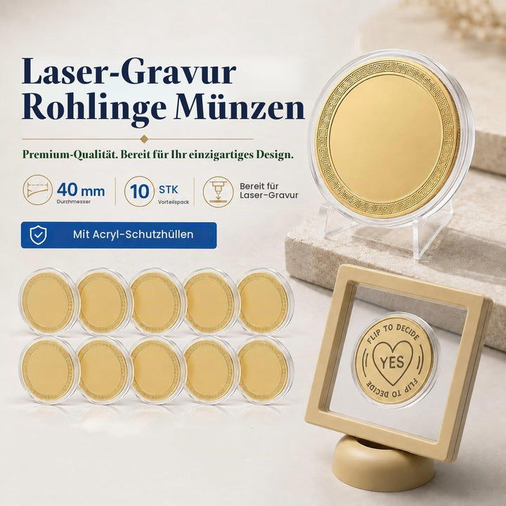 Laser Gravur Rohlinge, Laser Material Münzen 10 Stück mit Acrylbox, Doppelseitig Gravierbare 40 mm R