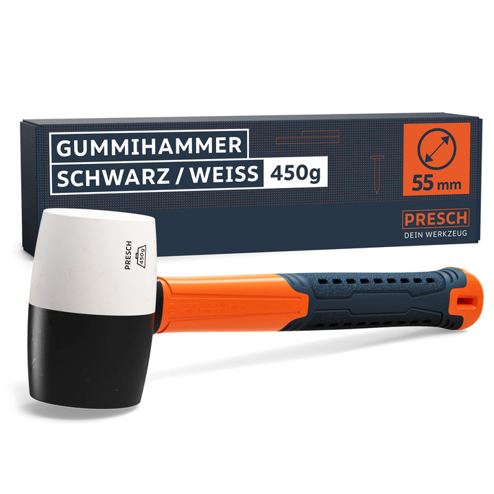Presch Gummihammer Schwarz/Weiss 450g - Hartgummihammer mit Fiberglasstiel | ⌀=55mm - Allround-Gummi
