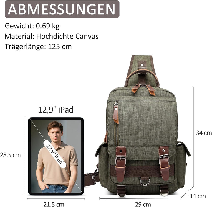DORRISO Brusttasche Herren Mode Grosse Kapazität Schultertasche für 10,9 Zoll iPad mit Griff Mehrere