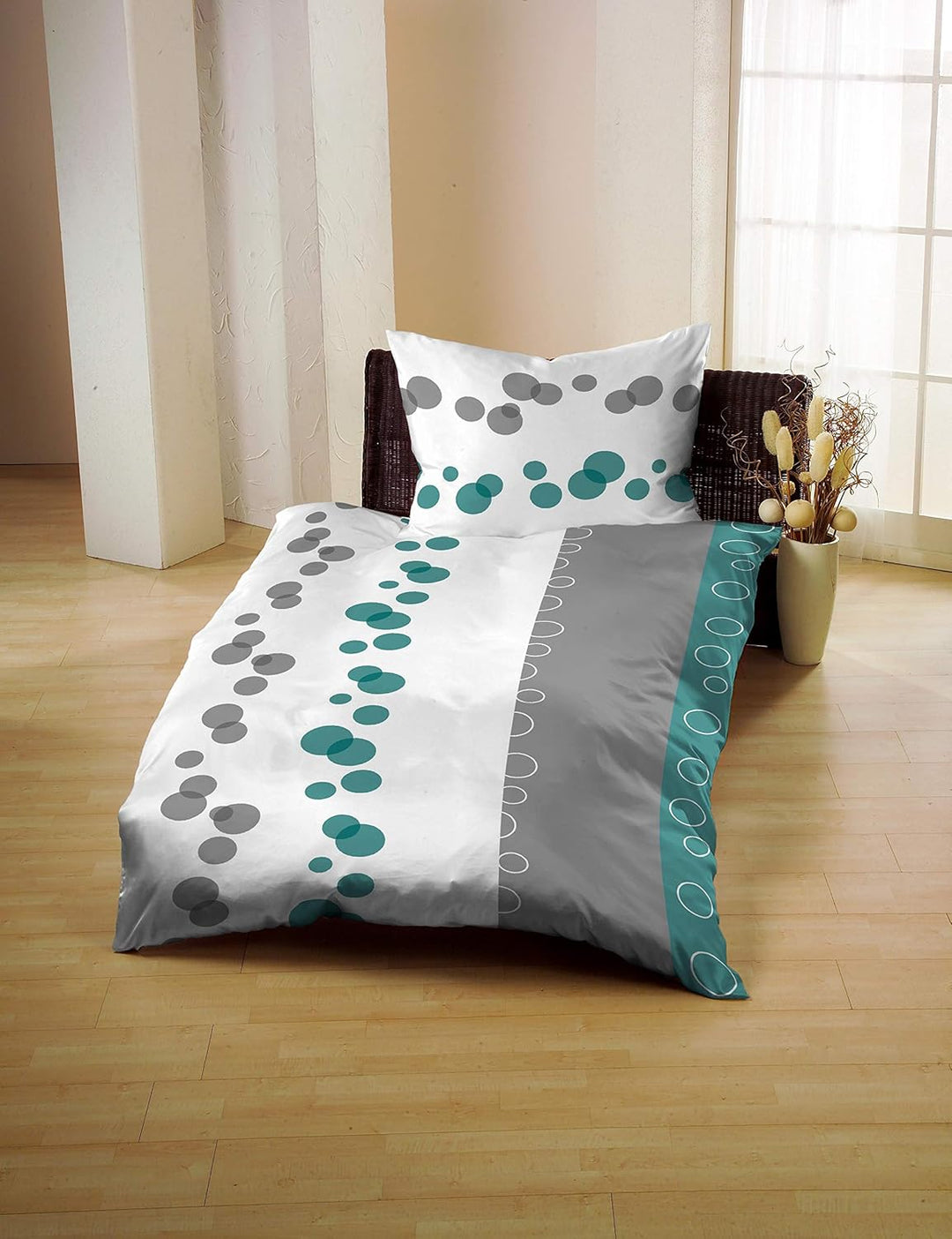 Gerald Wittmann Bettwäsche 135x200 cm + 80x80 cm, Baumwolle Mako Satin, Kreisen Aqua-Türkis Grau Wei