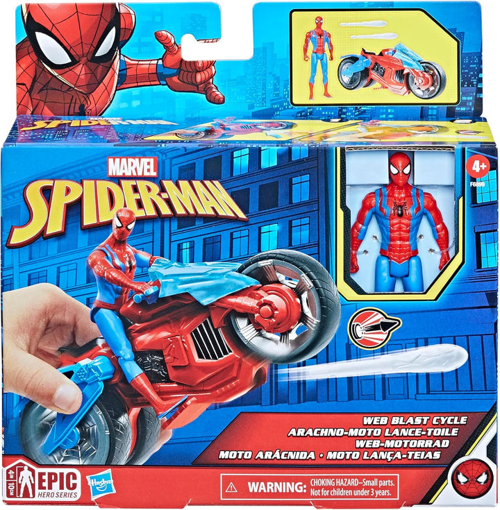 Spider-Man Marvel Web-Motorrad Spielzeug-Set mit 10 cm grosser Action-Figur und 2 Netz-Projektilen