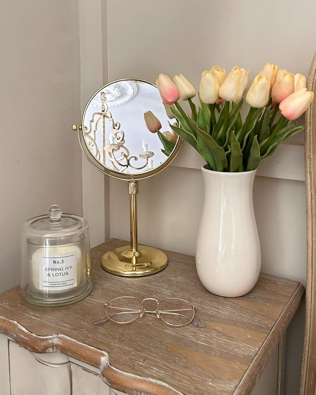 Doppelseitiger Tischspiegel Schminkspiegel mit Vergrösserung ø 20 cm Gold Averyon