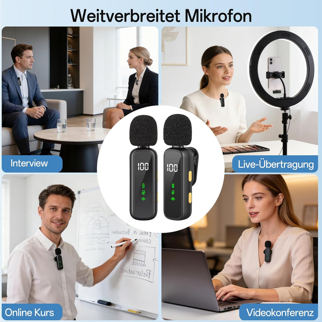 Upgrade Mini Mikrofon Handy mit Batterie-Display, Kabelloses Lavalier Ansteckmikrofon Klein Mic Wire