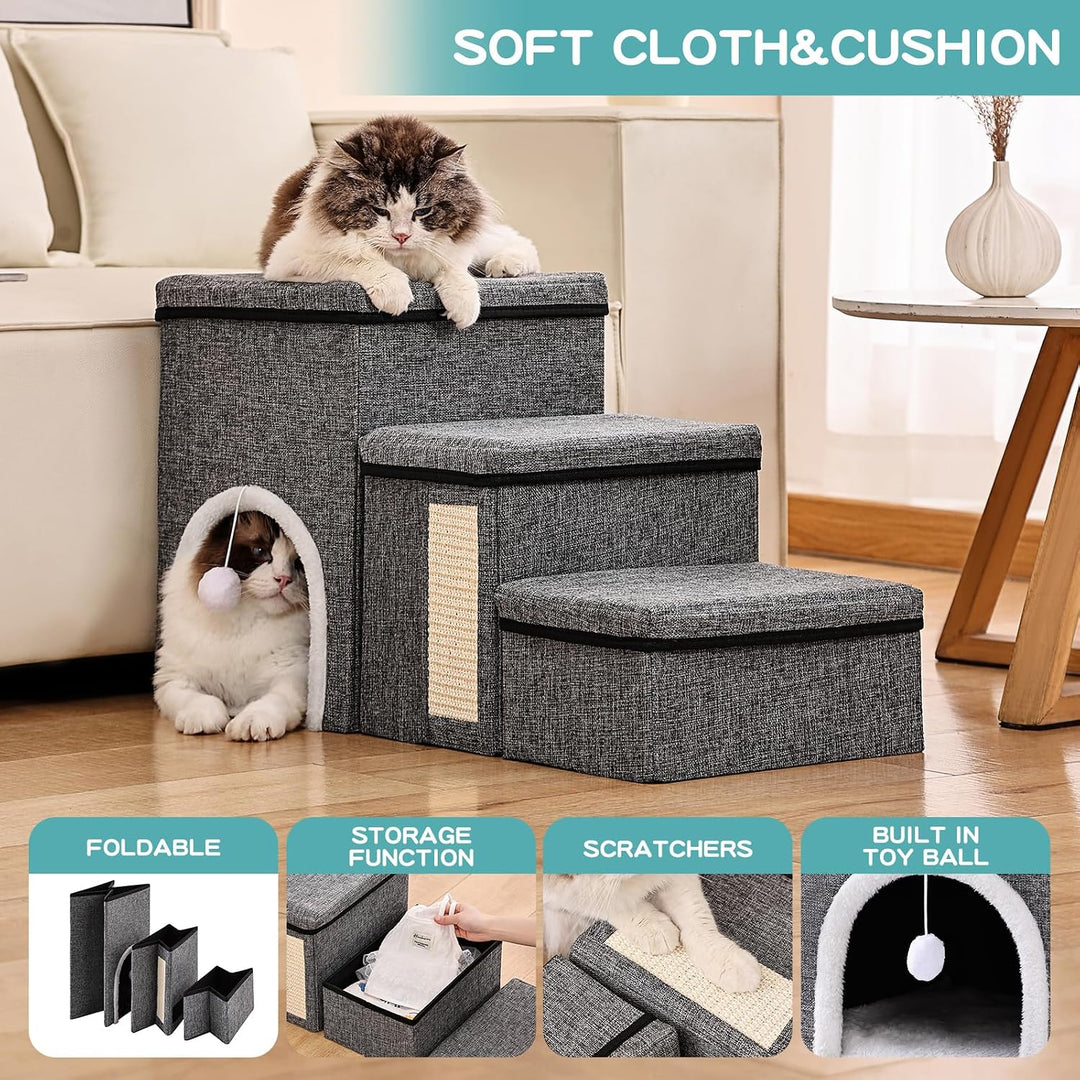 4 in 1 Faltbare Hundetreppe für Bett &amp; Sofa, 3 Stufen Haustierleiter mit Aufbewahrungsboxen, Katzenh