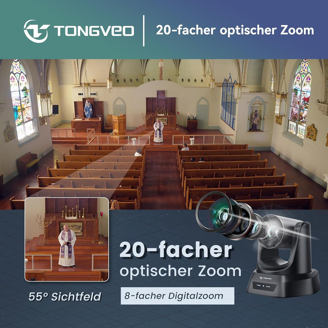 TONGVEO HDMI PTZ-Kamera 20X Optischer Zoom, Kirche Live-Streaming USB 1080P 60fps Kamera für Gottesd