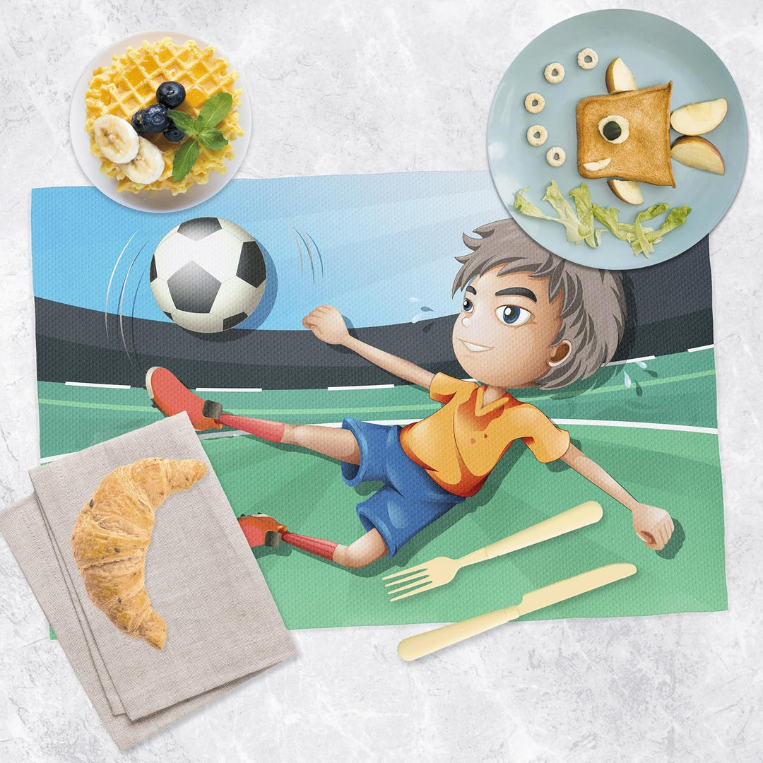 Platzset Snacks Schule Kinder – Set 2 Stück 30 x 45 cm wasserdicht – Stoff PVC weich Kinder Fussball