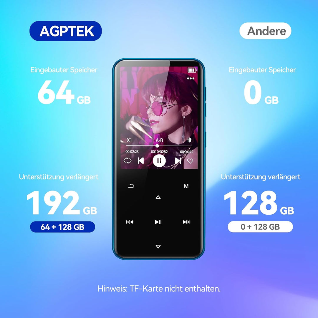 AGPTEK 64GB MP3 Player Bluetooth 5.3 mit 2,4" TFT Farbbildschirm, HiFi Musik Kinder MP3 Player mit L