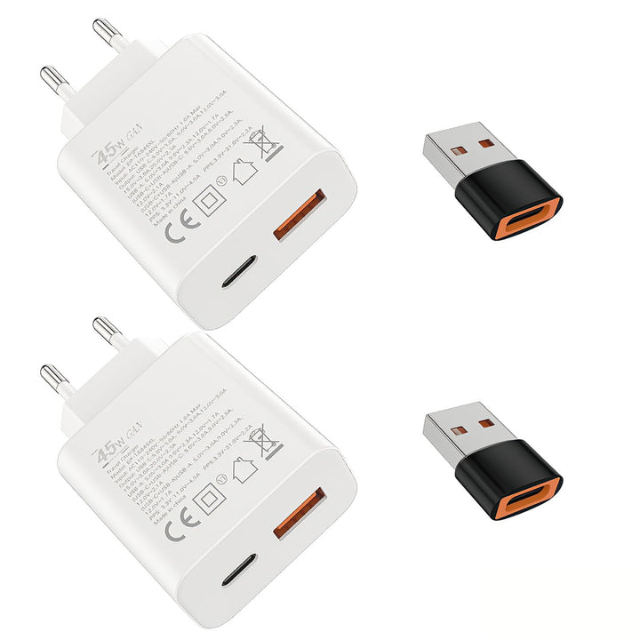 Schnellladegerät Ladeadapter netzteil 45W USB Typ-C 18W USB Typ-A Ladegerät （Weiss 2 Stück） für:iPad