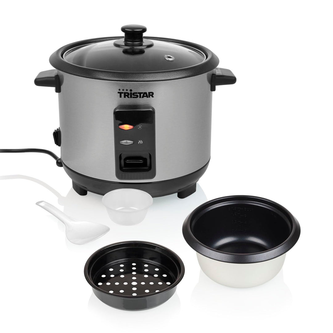 Tristar Reiskocher, 1 L Kapazität für bis zu 5 Portionen, Edelstahlgehäuse, Antihaft-Innentopf, Damp