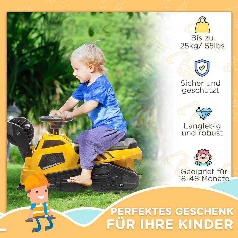 HOMCOM Sitzbagger, Kinderbagger, 3 in 1 Aufsitzbagger mit Schaufel, Schürfkübel, Walze, Rutschauto m