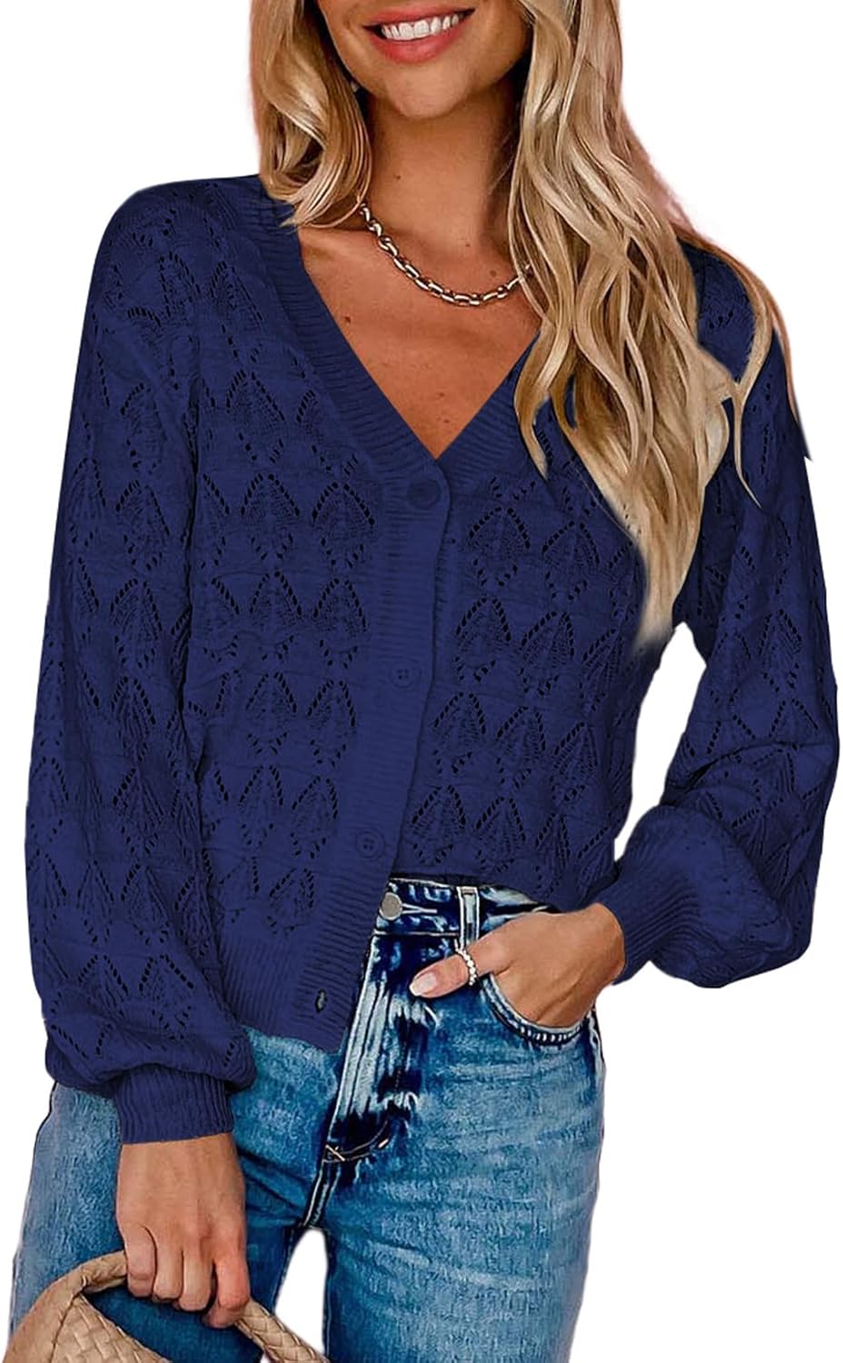 Dokotoo Damen Strickjacke V-Ausschnitt Kurzer Cardigan Elegant Langarm Leichter Strickpullover mit K