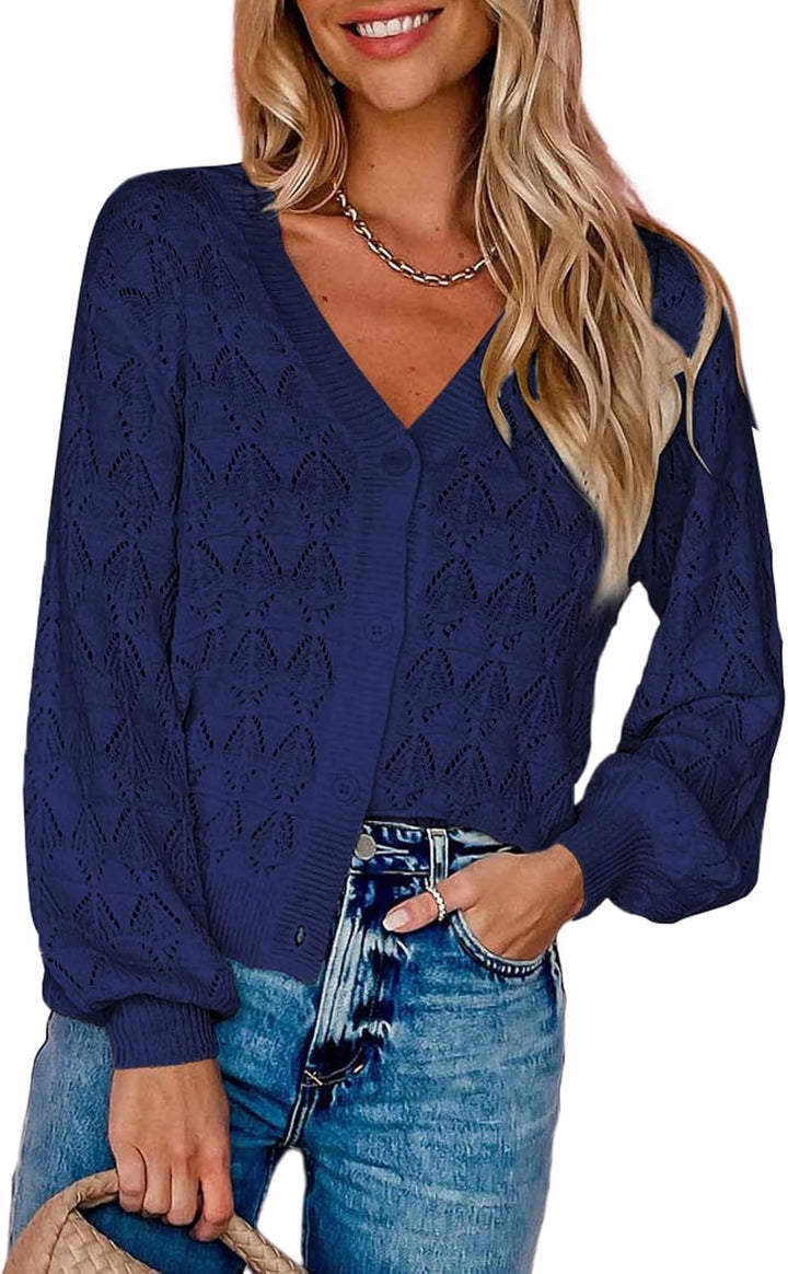 Dokotoo Damen Strickjacke V-Ausschnitt Kurzer Cardigan Elegant Langarm Leichter Strickpullover mit K