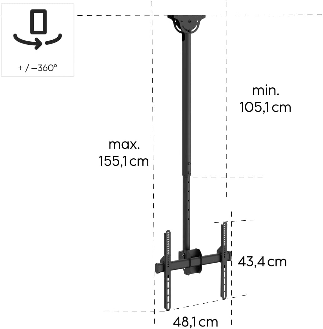 Hama Deckenhalterung für Fernseher 65 Zoll bis 32 Zoll (TV bis 50kg, höhenverstellbar, schwenkbar /