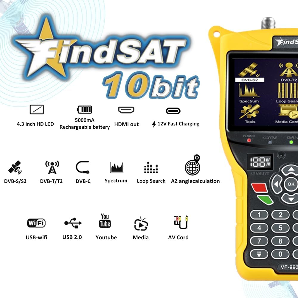 VF9930 Max Sat Finder HVEC 10bit, Satelliten Finder mit Bildschirm 4,3" LCD und TV DVB-S2/S/T2/T/C E