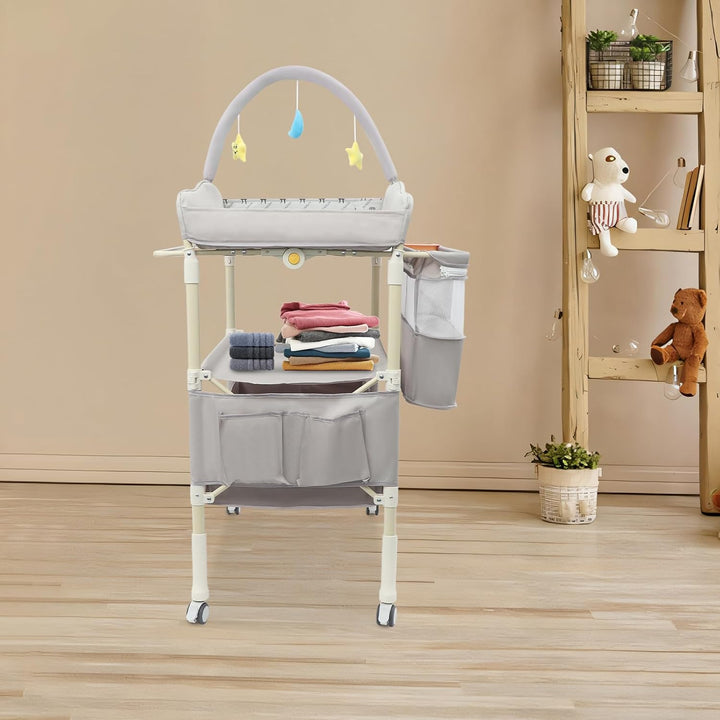 2-in-1 Baby Badewanne &amp; Wickelkommode, Klappbar Wickelkommode mit Korb, Spielzeugregal, Sicherheitsg