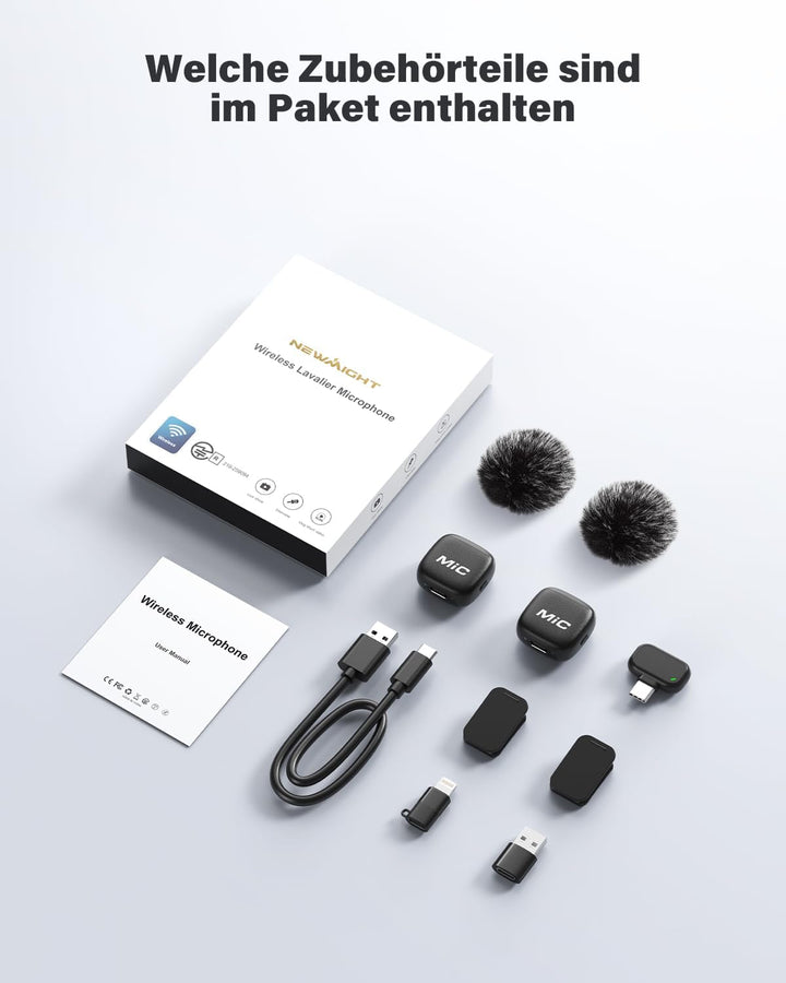 Kabelloses Lavalier Mikrofon, 2er-Pack Mini-Mikrofon mit Rauschunterdrückung, Auto-Pairing und Stumm