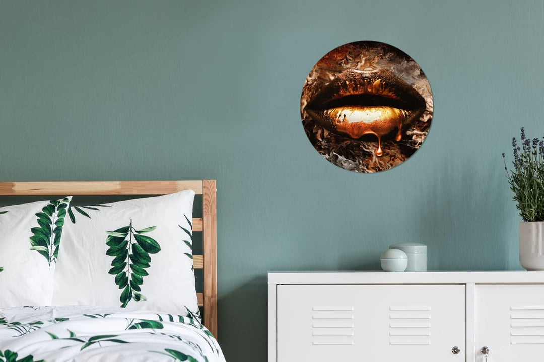 Wandbild Rund Wanddeko Deko Wohnzimmer Bilder 30x30 cm Gold - Lippen - Kunst - Gold - Luxus - Abstra