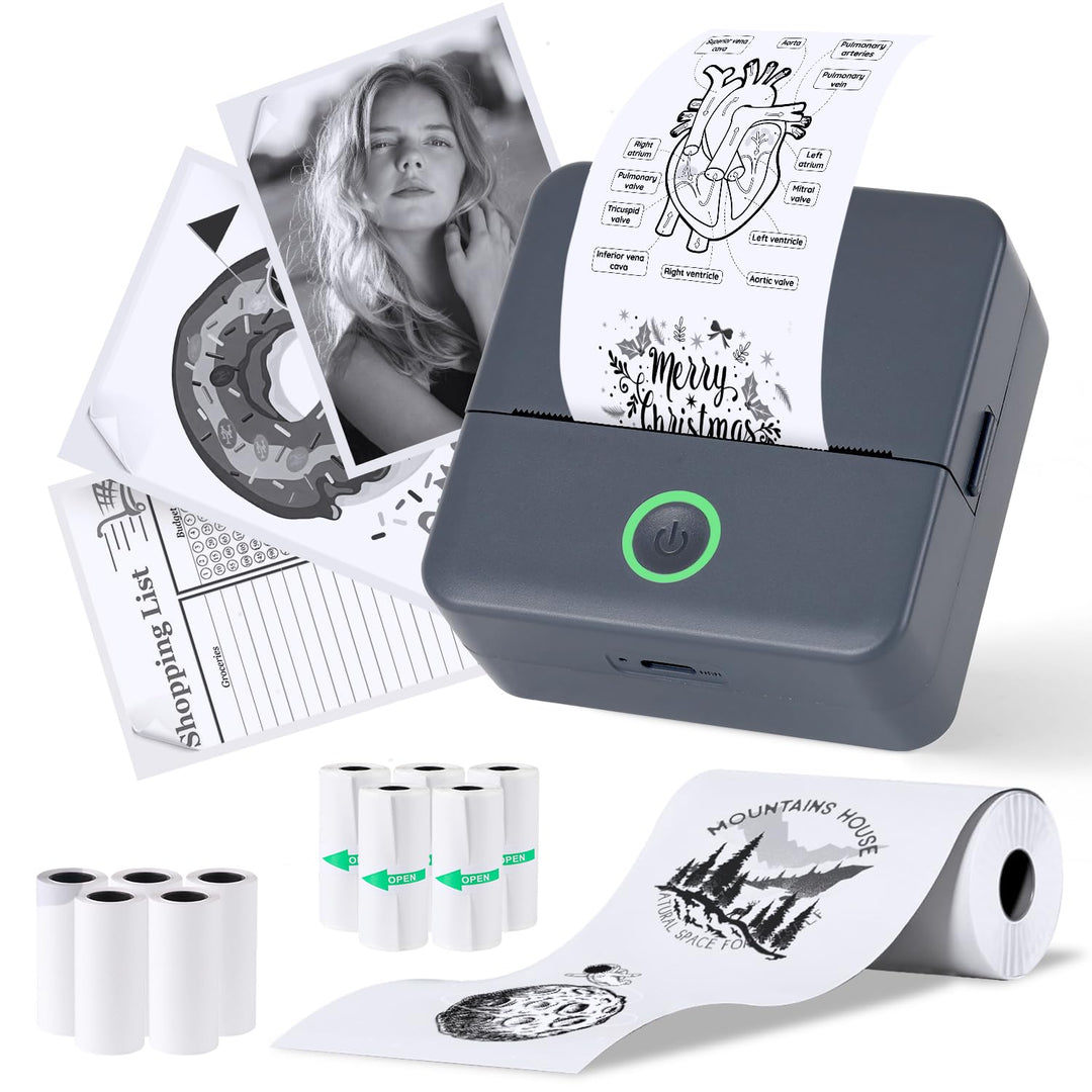 PRAOAHEI Mini Drucker, Tragbarer Thermodrucker mit 10 Rollen Druckerpapier | Bluetooth Etikettendruc