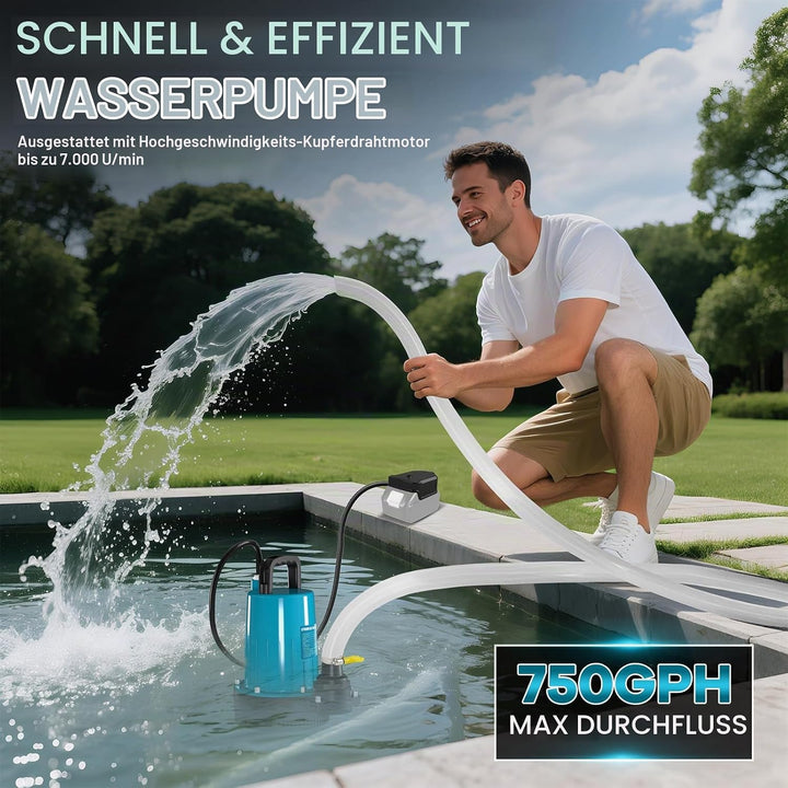 Akku Tauchpumpe Kompatibel mit Makita 18V Batterie (Ohne Akku), 2800L/H Fördermenge, Förderhöhe 12m,