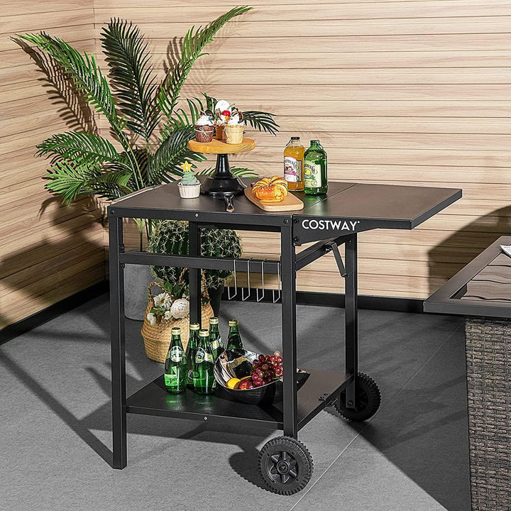 COSTWAY Grillwagen mit klappbarer Tischplatte, Beweglicher Campingtisch mit 2 Ablagen & 4 Haken, Met