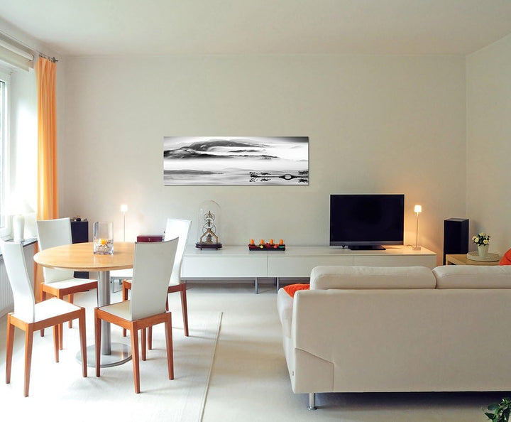 Paul Sinus Art Panoramabild auf Leinwand und Keilrahmen 150x50cm China Landschaft Wasser Berge Nebel