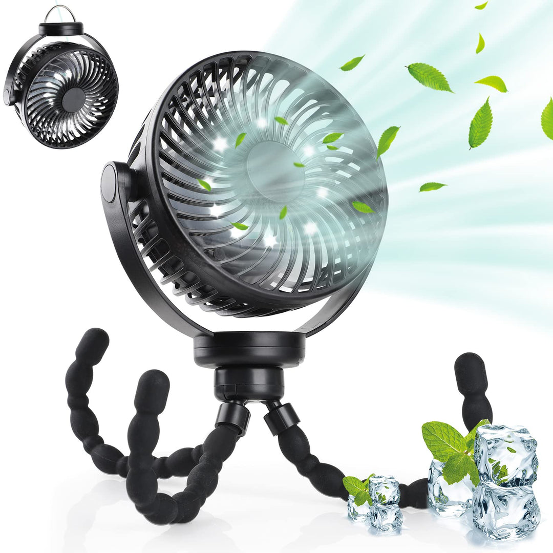 Hianjoo Kinderwagen Ventilator mit LED Leicht, 5200mAh Kleiner Tischventilator Camping Ventilator, 3
