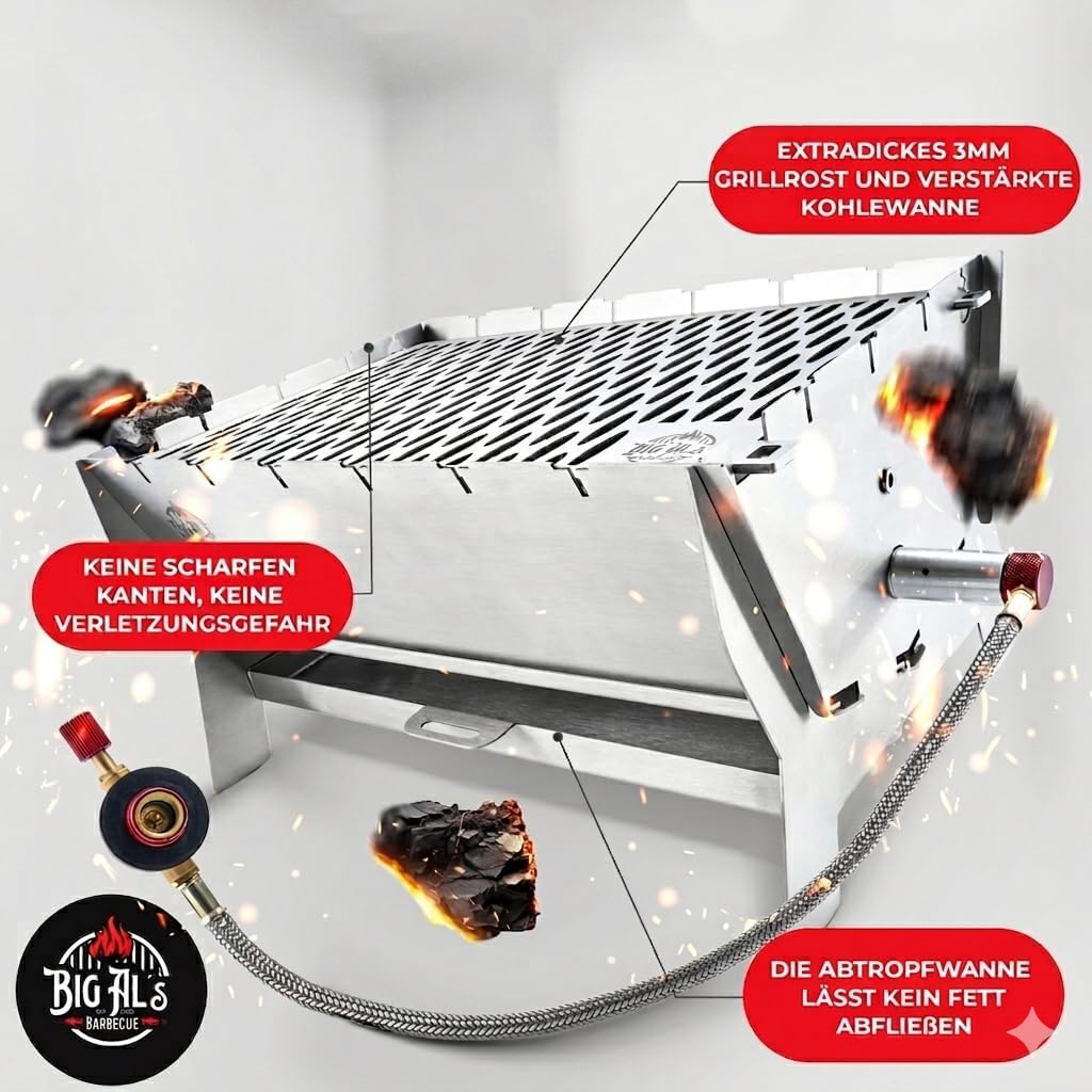 Little Bro Mobiler Steckgrill 2-in-1 Edelstahl Grill für Gas & Kohle - Inkl. Tasche (Grillmatte) & S