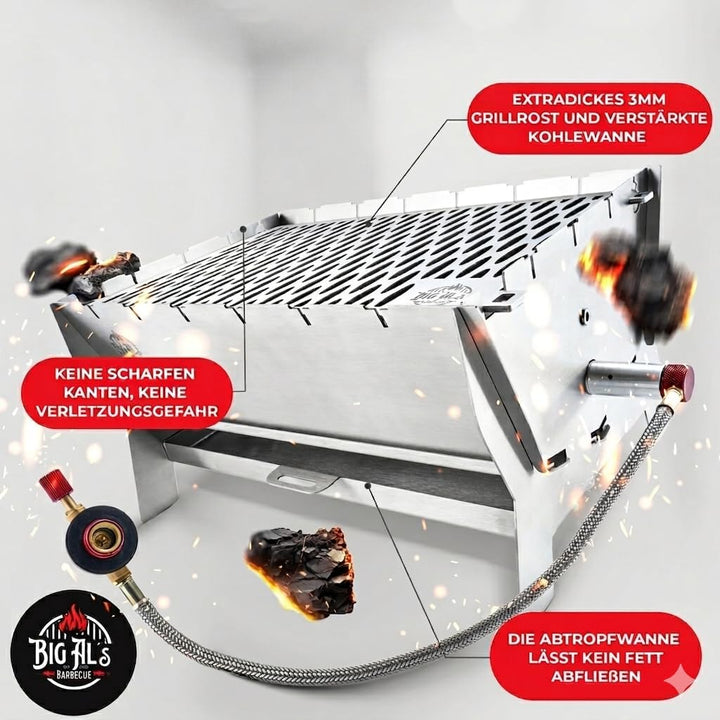 Little Bro Mobiler Steckgrill 2-in-1 Edelstahl Grill für Gas & Kohle - Inkl. Tasche (Grillmatte) & S