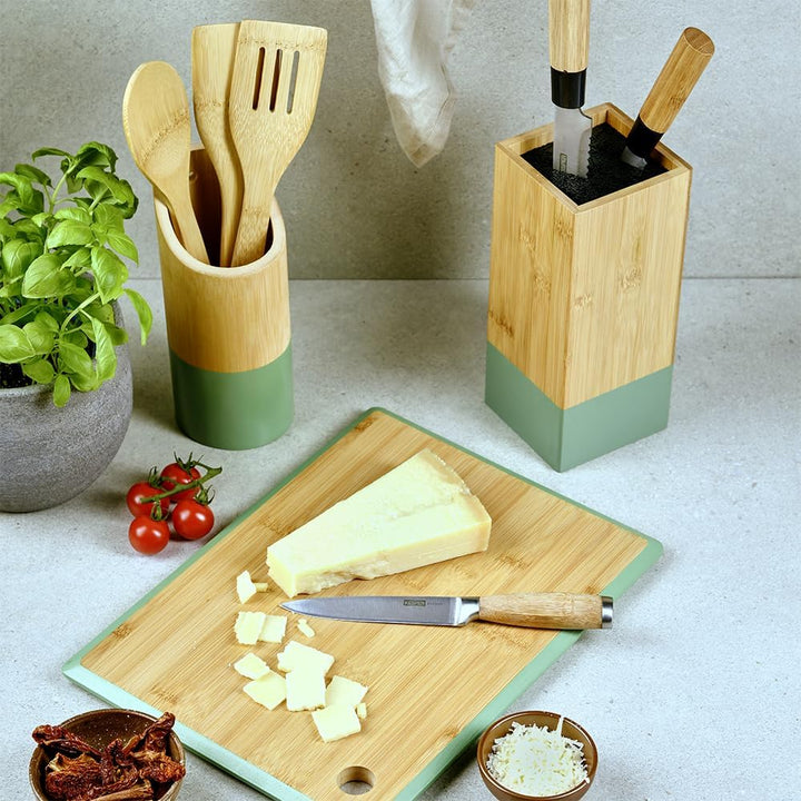 KESPER | Messerblock, Material: Bambus, Kunststoff, Masse: 10 x 10 cm, H: 23 cm, Farbe: Braun, Grün